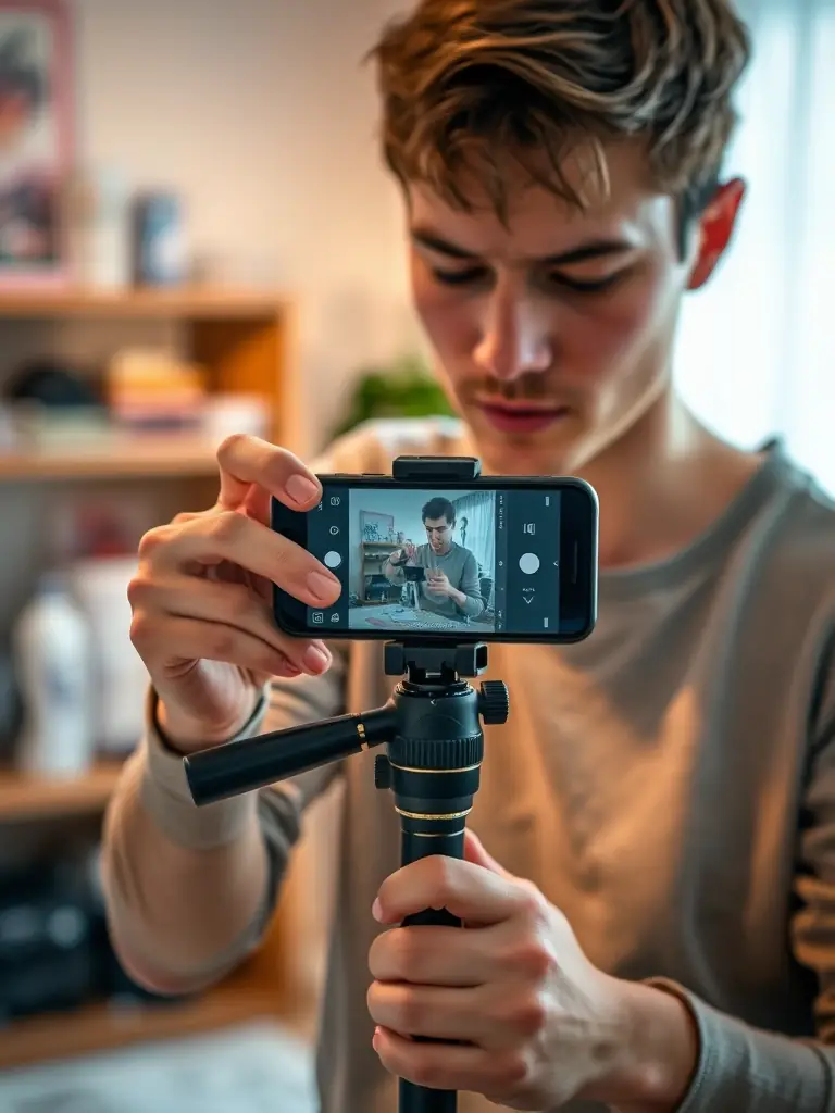 A person setting up a live stream on their smartphone, preparing to showcase products for a live commerce event.