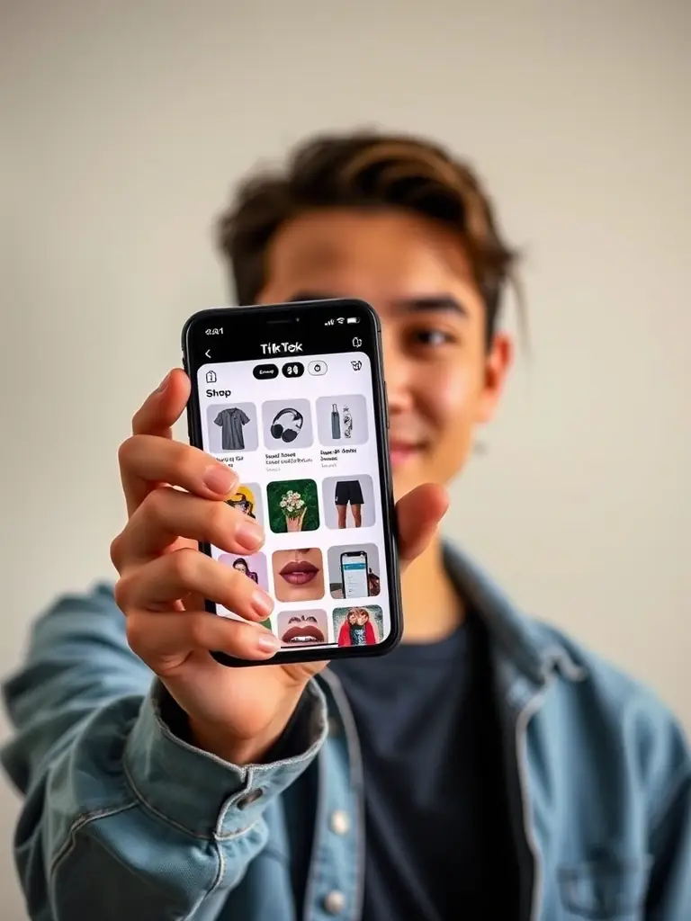 A person holding a smartphone, showcasing the TikTok Shop interface with various products displayed, indicating a guide for beginners.