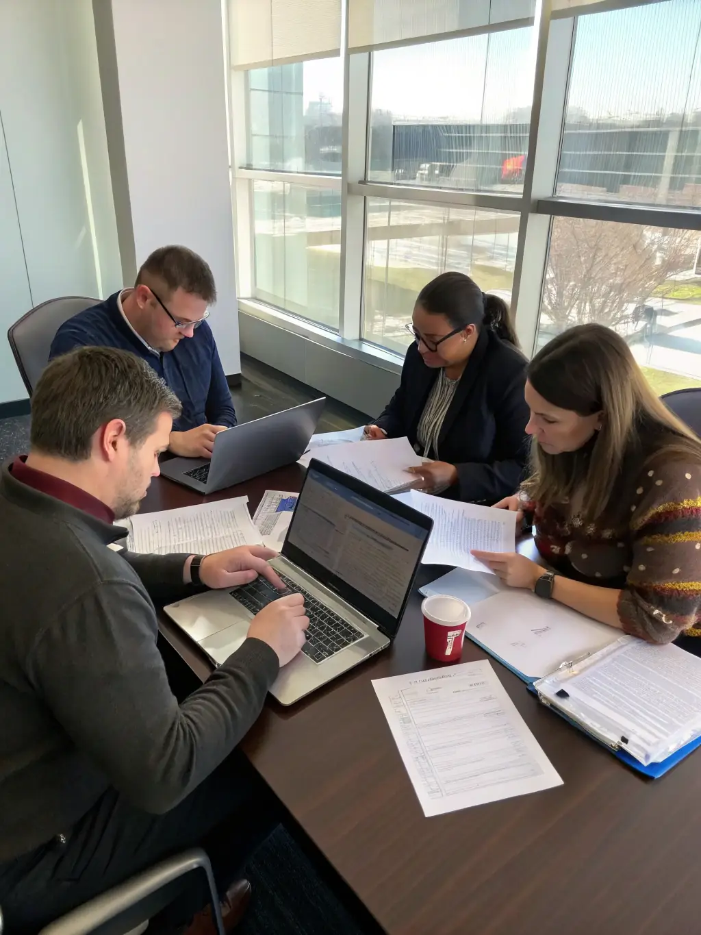 A professional photograph of a live commerce agency team brainstorming in a modern office, showcasing their collaborative approach to strategy.