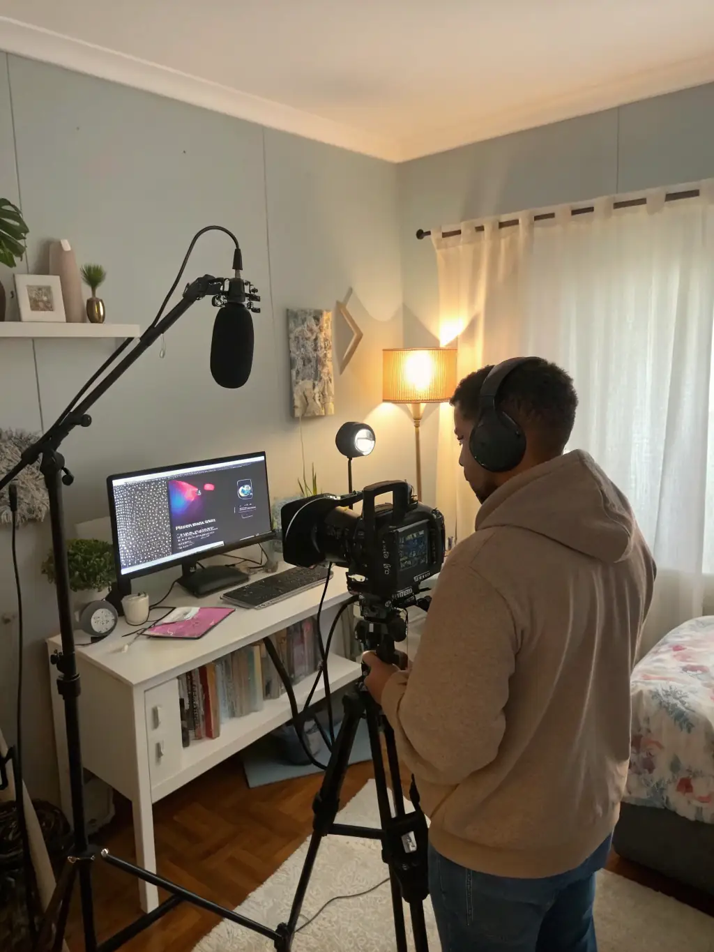 A creator setting up their live streaming equipment, including lighting, camera, and microphone, for a professional live selling session.