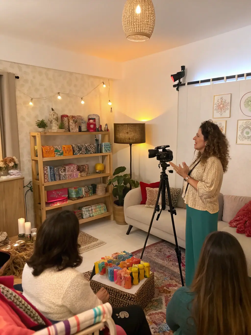 A visually appealing image of a creator using a smartphone to host a live shopping session, showcasing engagement and interaction with viewers.