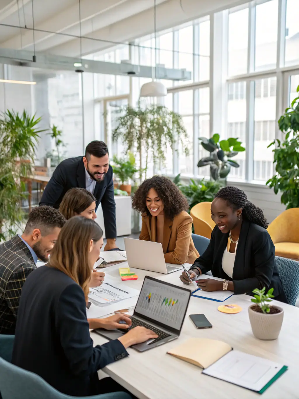 A diverse group of live commerce professionals brainstorming ideas in a modern office setting, emphasizing collaboration and shared learning.