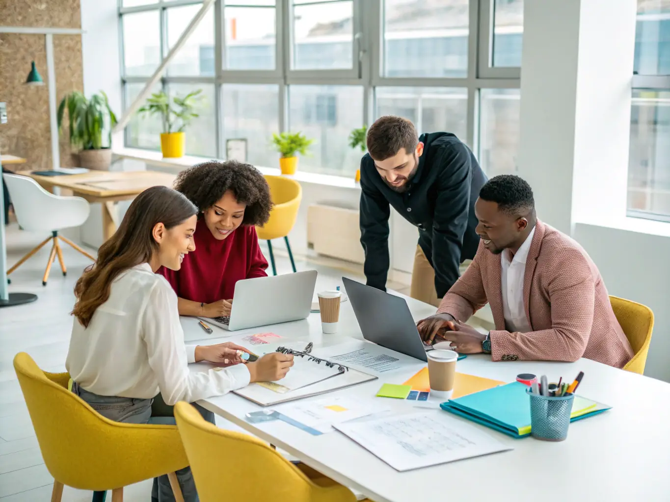 A diverse group of people collaborating and learning together in a modern, collaborative workspace, symbolizing the community aspect of Live Commerce.